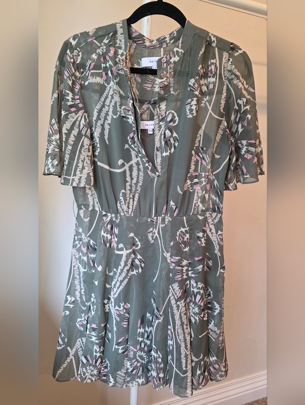 Reiss Olive Green Floral Print Mini Dress